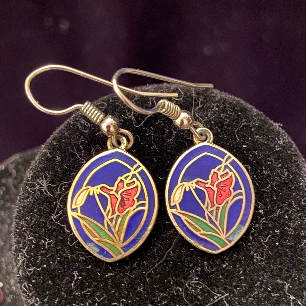 Delicate Vintage Blue Enamel Iris Floral Cloisonné Drop Earrings